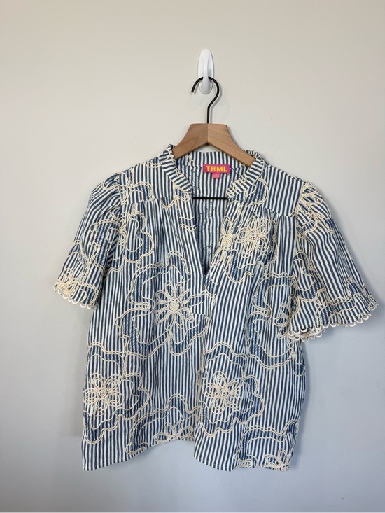 THML Tops - THML Blue White Striped Floral Embroidered Puff Sleeve Blouse S